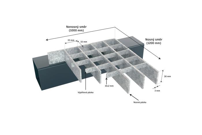 Pozinkovaný rošt lisovaný 1200x1000/30x30/30x3 mm oboustranný protiskluz
